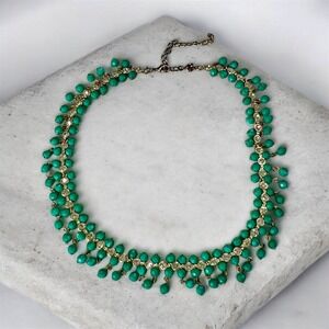 Avon‎ NRT Vintage Green Beaded Rhinestone Statement Necklace Gold Tone 18 Inch